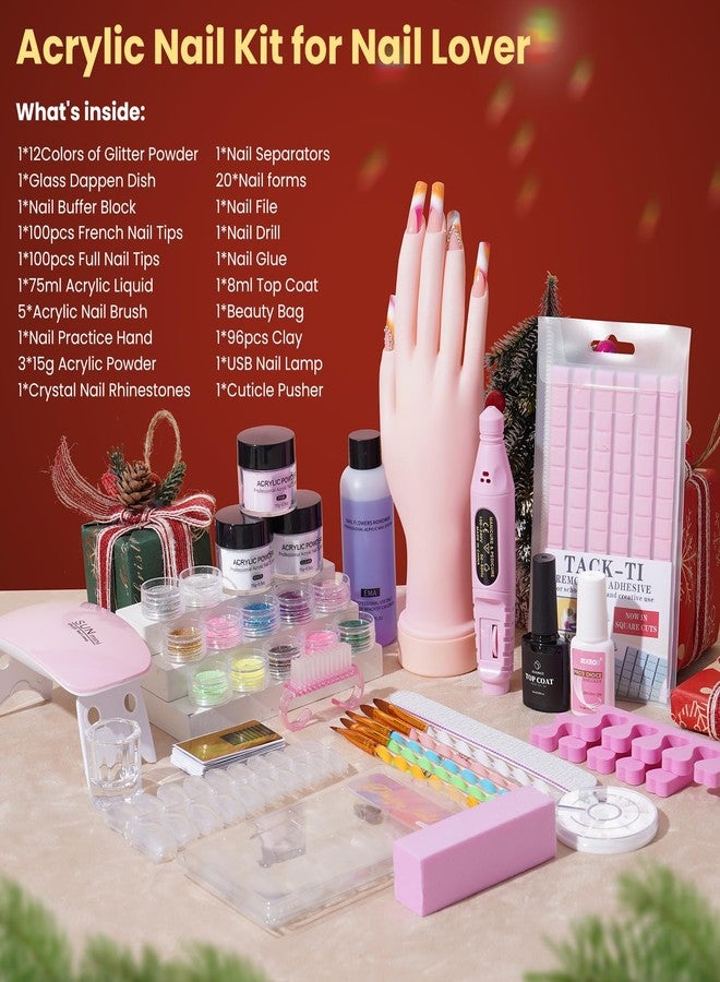 Wilfniee Nail Kit for Beginners with Everything: Practice Hand Acrylic Nail Set Professional Powder Drill Liquid Starter Kits with U V Lamp in Cosmetic Gift Bag for Women Salon Home (Pink) - Image 2
